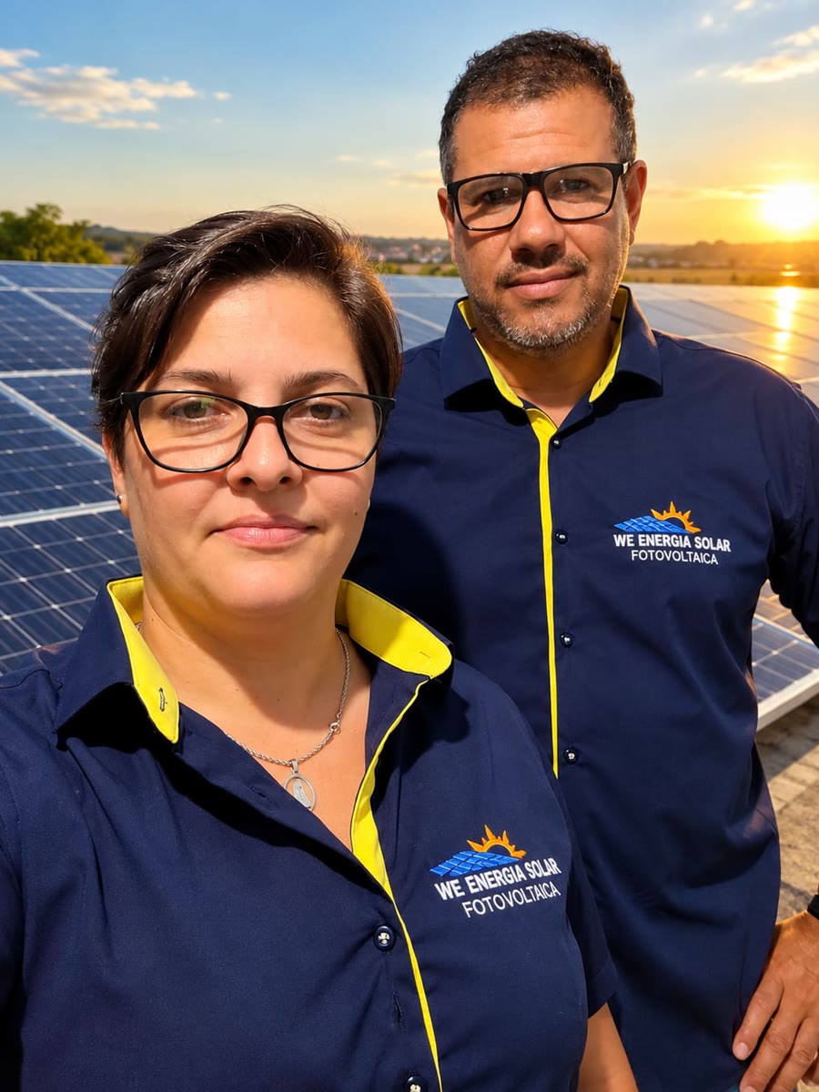 A dupla da WE Energia Solar com a camisa da empresa, em frente a uma usina solar no fim da tarde. À direita, William Carlos Lopes, dono da WE.
